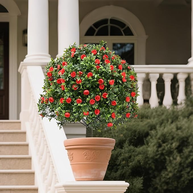 28" Artificial Boxwood Topiary Tree with Rose, Set of 2 Artificial Shrub Bushes with Ground Spike, Fake Evergreen Tree for Porch, Artificial Plants for Outdoor Planters Indoor UV Resistant