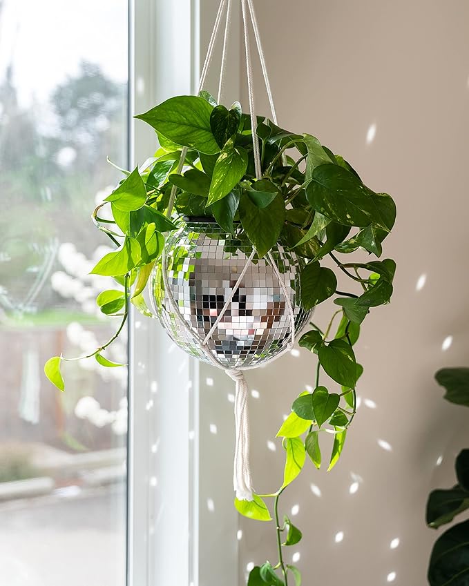 Hanging Disco Ball Planter 8" - with Acrylic Stand and Macrame Plant Hanger - Home Décor, Room Décor, Mirror Disco Planter, Disco Decor (10" with Base)