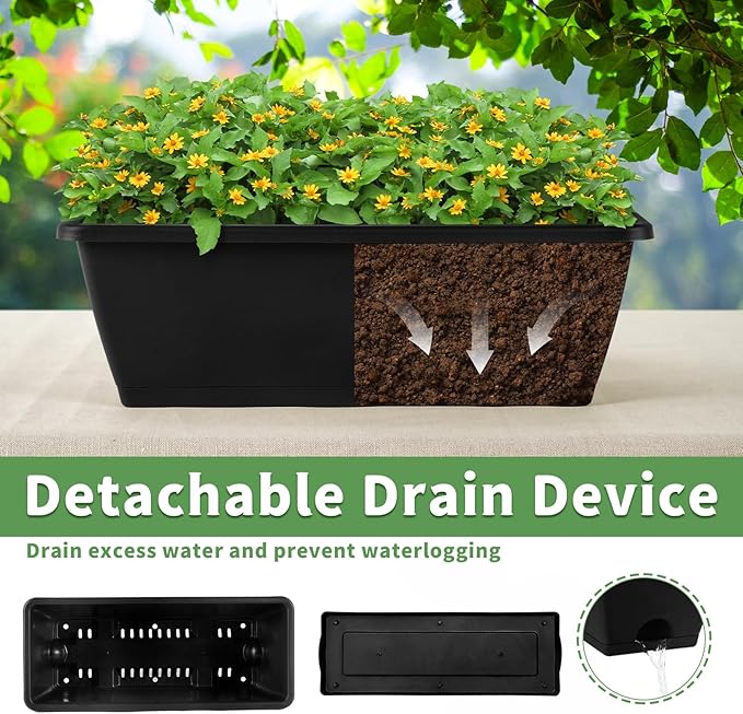 HAITRAL Hanging Planters for Outdoor Plants,Deck Railing Planter Boxes Countryside Style Window Boxes Planters, Balcony Flower Pots Plastic Railing Planter with Metal Brackets for Fence,Black 2 Pcs