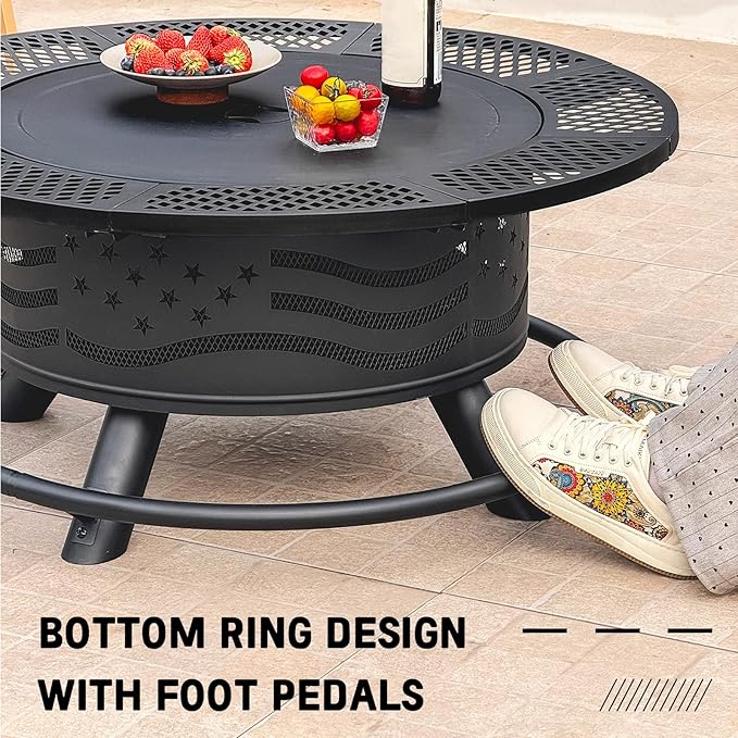36 Inch Fire Pit with 2 Cooking Grates, Outdoor Wood Burning BBQ Grill Firepit Bowl with Cover Lid, Steel Round Table for Backyard Bonfire Patio Picnic (Black, 36IN)