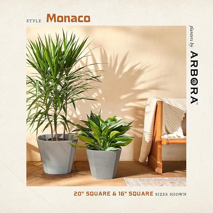 ARBORA 16" Monaco Square Polyresin Indoor and Outdoor Planter with Stone Blend Concrete Gray Finish - Durable, Weatherproof, Lightweight, Large Plant Pot for Patio, Garden, Deck, Entryway