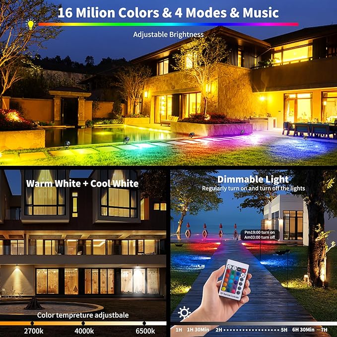 1500LM LED High Brightness Outdoor Landscape Lighting 15W RGBCW Color Changing Landscape Lights Remote Control Spot-Lights with Plug in IP66 Waterproof Flood Light for Garden - 4 Pack