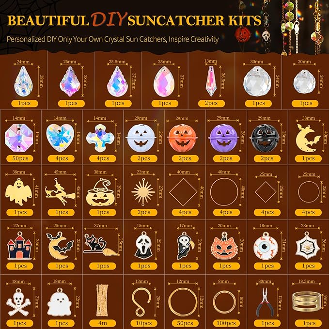 270 Pcs Halloween DIY Crystal Sun Catchers Indoor Window, Hanging Prism Suncatchers for Halloween Decorations, Outdoor Halloween DIY Suncatcher Kit, Glass Crystal Sun Catcher Crafts for Adult…