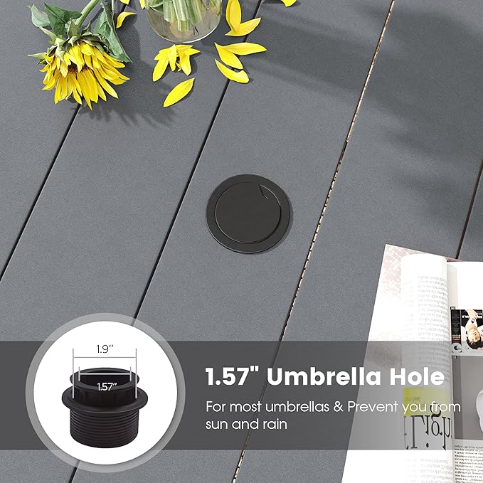 DIFY Outdoor Dining Table for 4, Round Patio Table with Umbrella Hole for Garden, Backyard and Porch (Dark Grey)