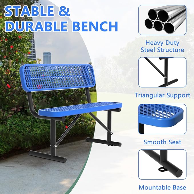 Heavy Duty Park Bench with Back Portable Frame, Outdoor Steel Bench with Backrest, Outdoor Park Bench Expanded Metal Mesh Bench for Lawn, Park, Deck, Garden, Patio, Porch, Black (Blue, 4FT)