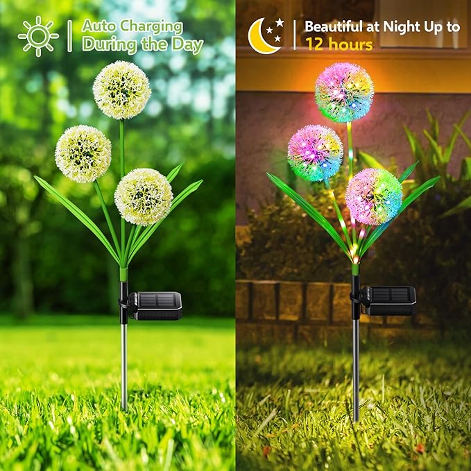4 Pack Solar Garden Lights Outdoor Decor, New Version 12 Glowing Dandelion Lights & Stems with 144 Colorful LED, 2 Modes Control Solar Lights Outdoor Waterproof IP65 for Yard, Lawn, Pathway