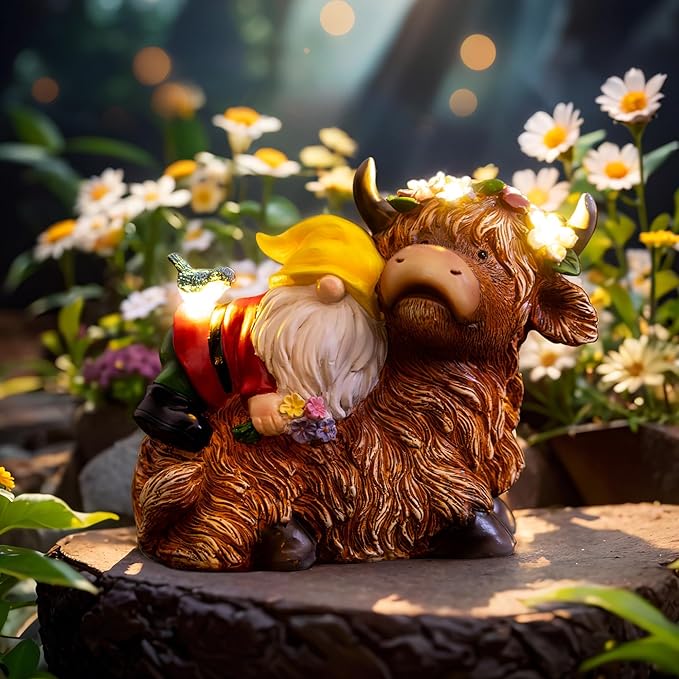 Garden Gnome Statue - Highland Cow with Solar Flower LED Lights and Bird - Funny Outdoor Decor for Table, Patio, Lawn - Unique Birthday Gifts for Mom, Women, and Christmas Decorations