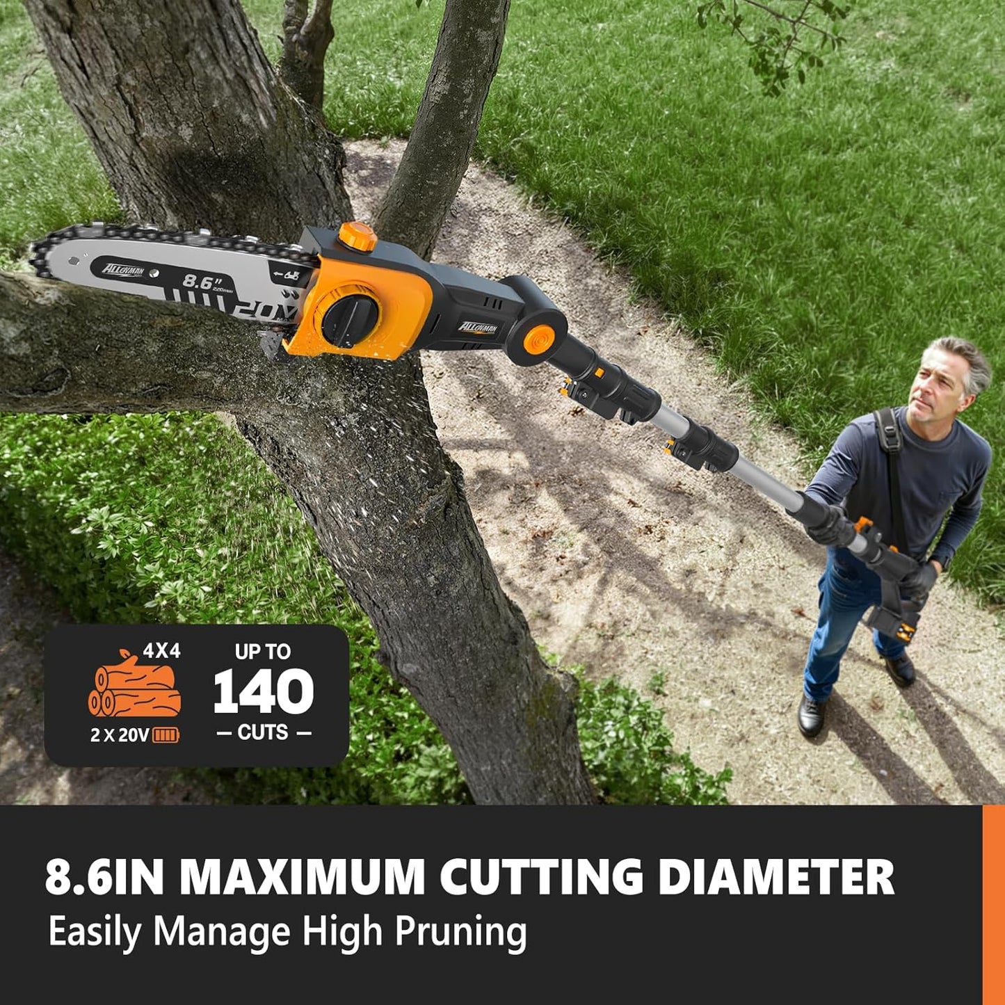 Alloyman 2-in-1 Telescoping Cordless Pole Hedge Trimmer 16-Inch and Pole Saw 8.6-Inch,with 2 Packs 4.0Ah Batteries & Charger,for Tree Trimming and Shrubs Pruning