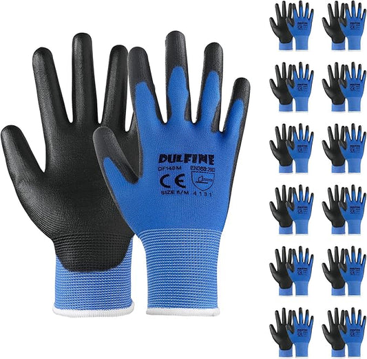 DULFINE Safety Work Gloves PU Coated-12 Pairs,Blue Seamless Knit Glove with Polyurethane Coated Smooth Grip on Palm & Fingers, for Men and Women, Ideal for General Duty Work (Extra Large)