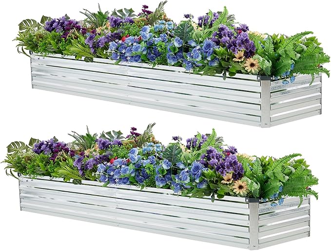 2 Pack 8x2x1FT Galvanized Raised Garden Beds Kit Outdoor Metal Gardening Planter Box for Vegetable Elevated Flower Herbs,Silver