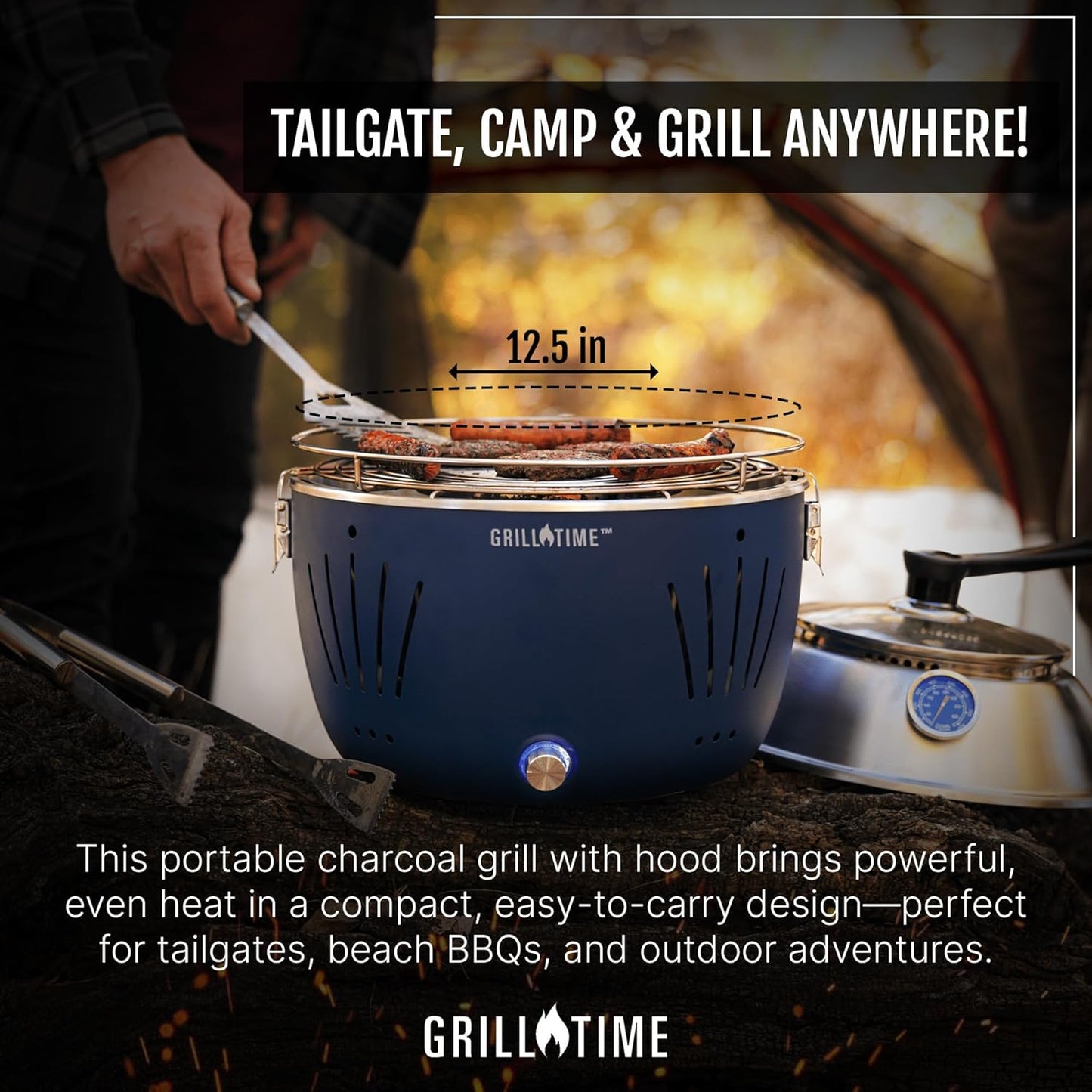 GrillTime Tailgater GT Hood Combo 13 Inch - Portable Charcoal Grill with Hood, Small Tabletop Grill for Tailgate Parties, Camping, Beach BBQ Red