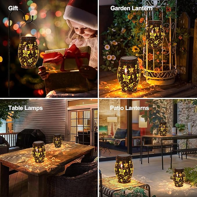2 Pack Solar Lantern Butterfly Solar Outdoor Waterproof Hanging Metal Solar Powered Patio Lanterns Garden Solar Lights Outdoor Decorative Gifts for Women