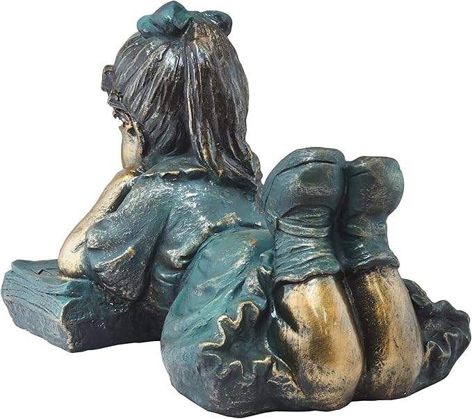 Alpine Corporation 16" Tall Indoor/Outdoor Girl Laying Down Reading Book Statue Set Yard Art Decoration