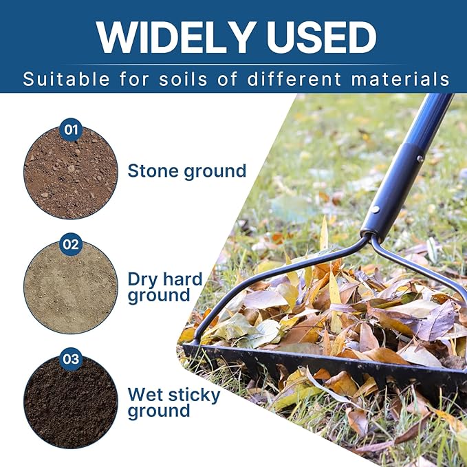 57 Inch Heavy Duty Garden Rake with Blue Fiberglass Handle - 14-Tooth Metal Yard Rake for Gardening, Farming, and Yard Work - Durable Hard Rakes for Heavy Duty Use