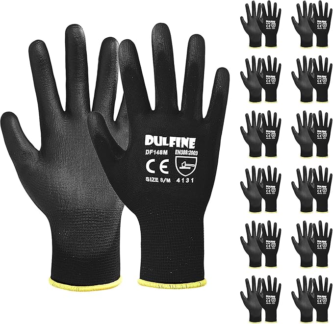 DULFINE Ultra-Thin PU Coated Work Gloves-12 Pairs,Excellent Grip,Nylon Shell Black Polyurethane Coated Safety Work Gloves, Knit Wrist Cuff,Ideal for Light Duty Work. (Small)