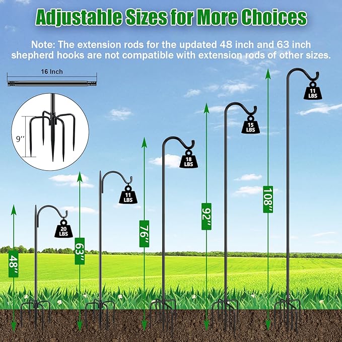 FEED GARDEN 92 Inch Adjustable Outdoor Shepherds Hook Bird Feeder Pole with 7 Prongs Base, Premium Steel Heavy Duty Tall Shepards Hooks for Hanging Bird Feeders, Plant Basket, Lanterns, 1 Pack