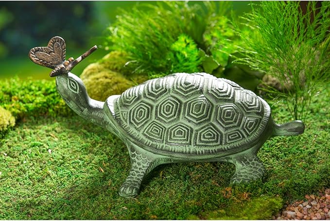 Evergreen Garden Beautiful Summer Turtle and Butterfly Metal Garden Statue - 9 x 14 x 7 Inches Fade and Weather Resistant Outdoor Decoration for Homes, Yards and Gardens