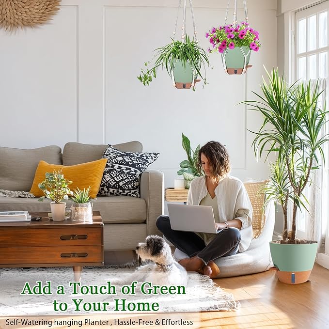 Hanging Planter for Indoor Plants 8 Inch, 2 Pack Self Watering Hanging Baskets for Plants, Hanging Flower Pots with Drainage Hole & 2 Kinds of Plant Hangers for Garden Home Decor (Green, 8 inch)