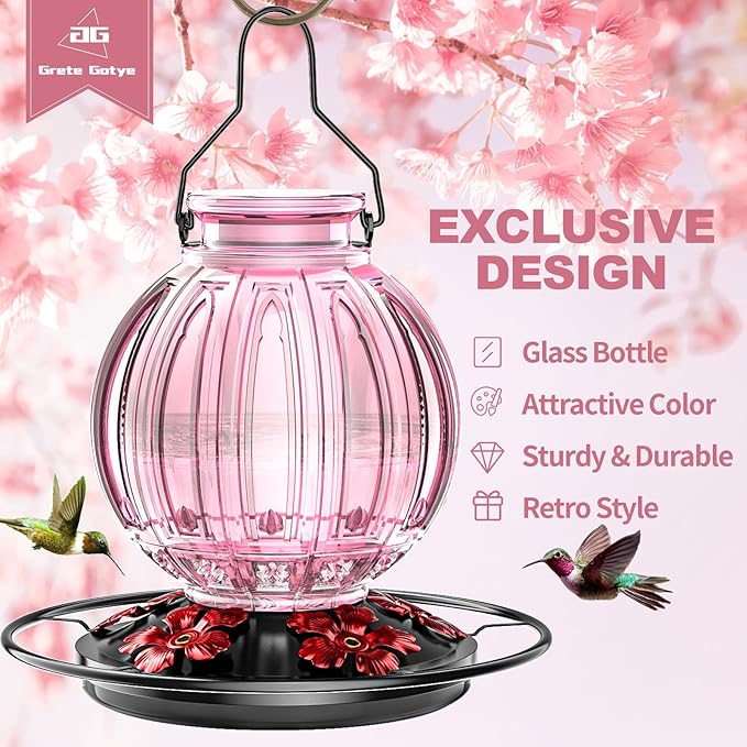 Glass Hummingbird Feeder for Outdoors Hanging, Bird Nectar Feeder with Perch & 5 Flower Feeding Ports, 26 Oz Leak Proof for Outside Garden Decor Backyard, Gifts for Women Mom, Pink
