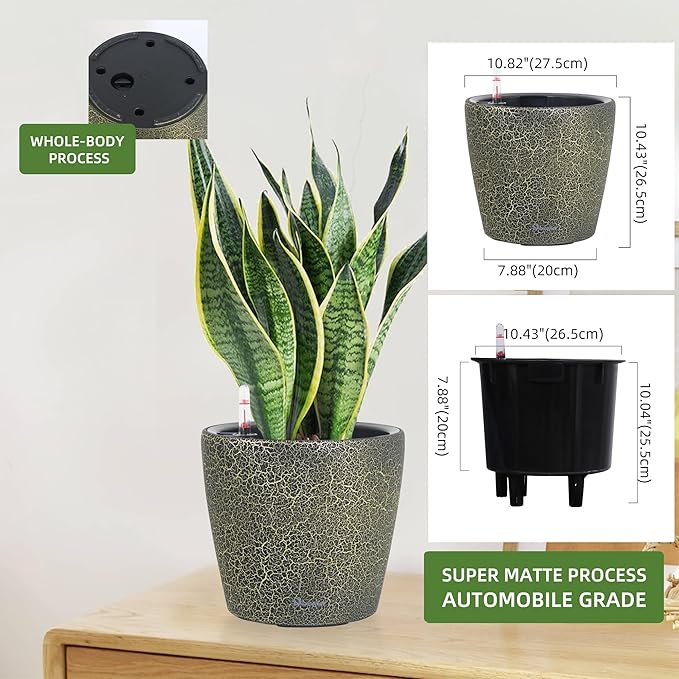Dexceder 11x10 Inches Self Watering Planter Indoor Outdoor, Inner Pot Design, Thickened Table Flower Plant Pot with Water Level Indicator (Black Gold Crackle)