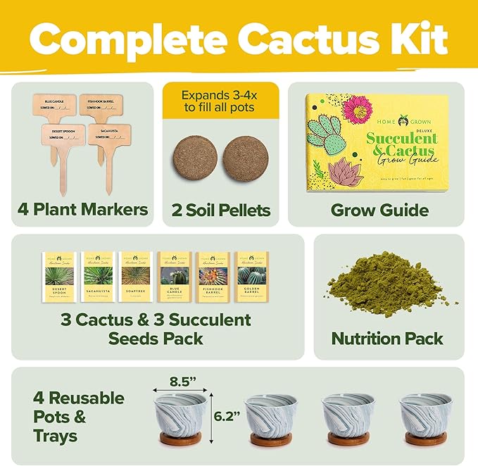 HOME GROWN Deluxe Succulent & Cactus Seed Grow Kit - Complete Indoor Plant Kit with Cactus Seeds, Potting Soil, Ceramic Pots, Drip Trays, and Grow Guide for Plant Enthusiasts