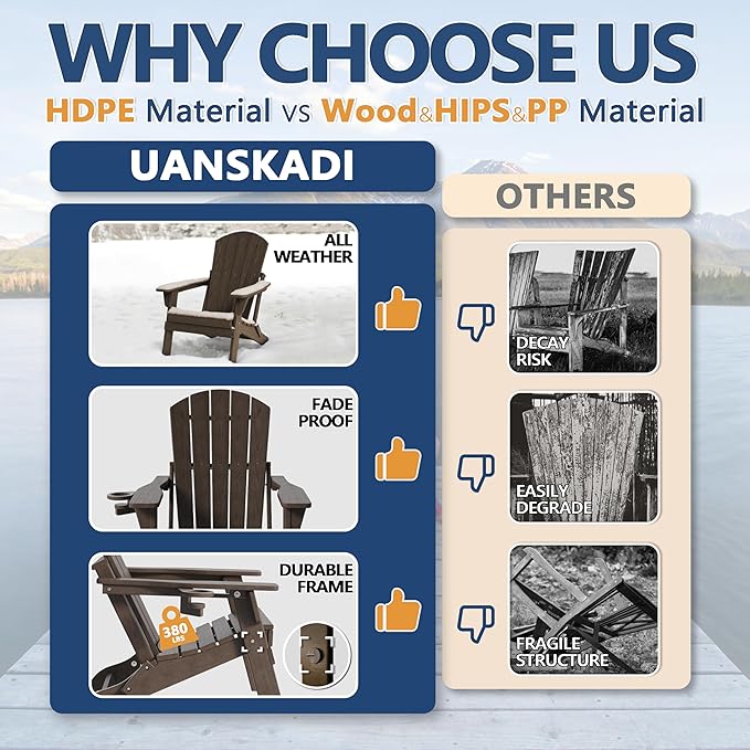 Folding Adirondack Chair Set of 3 with Cup Holder, HDPE All Weather Resistant Plastic Outdoor Patio Chairs, Heavy Duty Fire Pit Seating for Backyard Lawn Garden, Wooden Textured Design(Coffee)