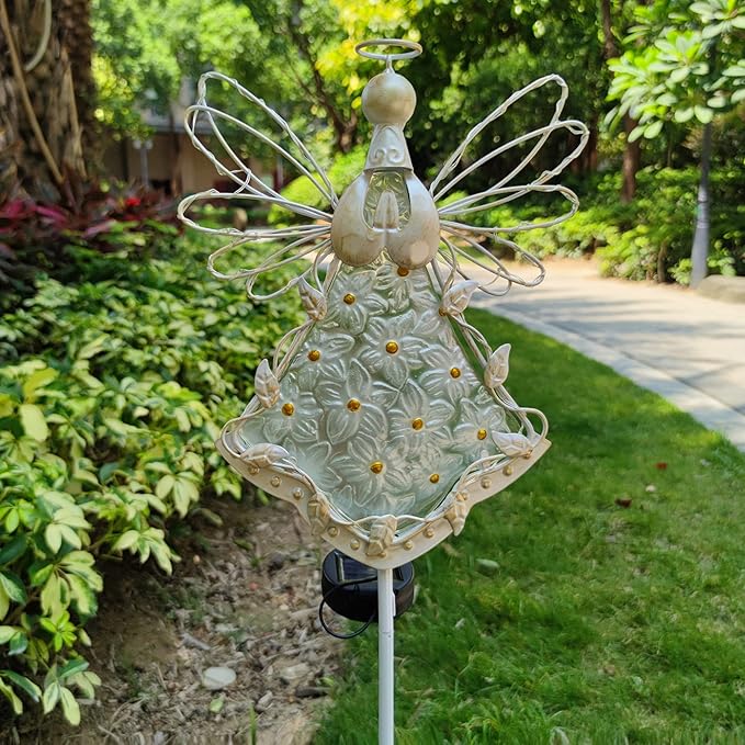 38Inch Angel Solar Lights Outdoor Decorative-Metal&Glass Angel Hydrangea Flower Garden Stake Lawn Light- Waterproof 30 Warm White LED for Remembrance Gifts & Sympathy Gifts(White)