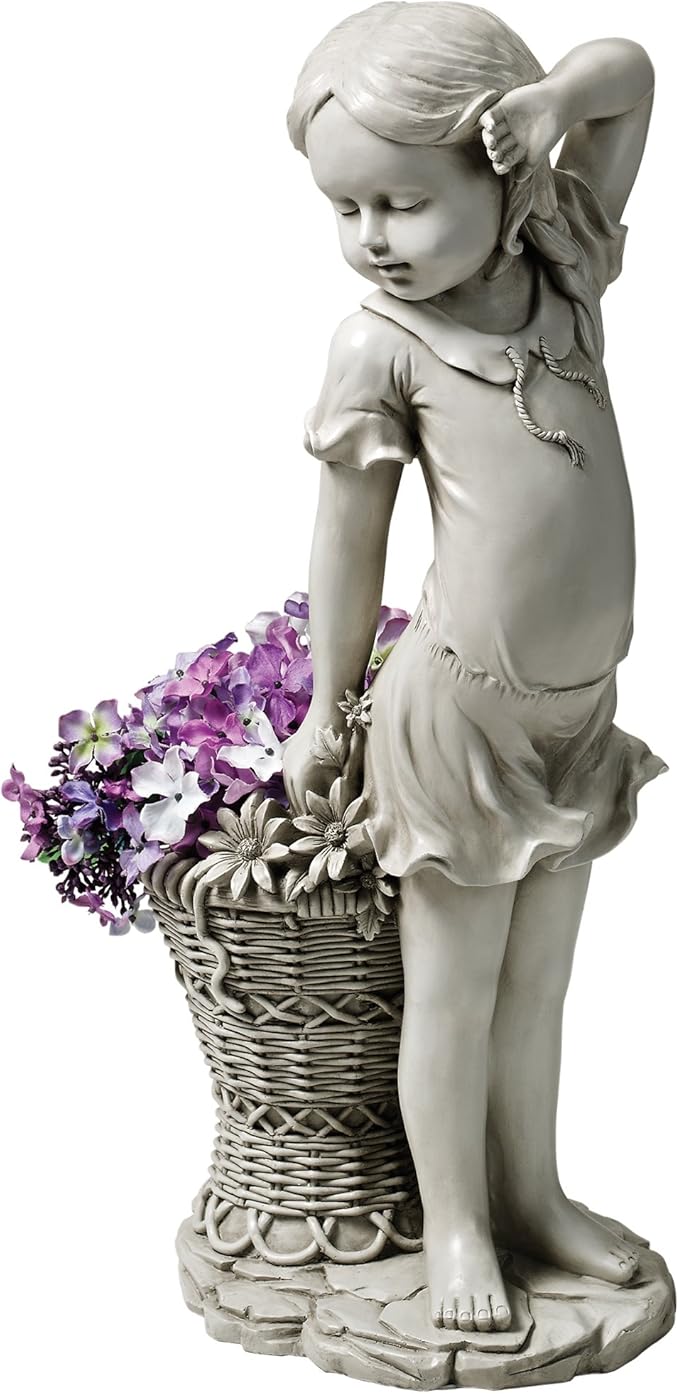 Design Toscano Frances the Flower Girl Outdoor Garden Statue with Planter, 21 Inch Tall, Cast Stone Resin, Antique Stone Finish