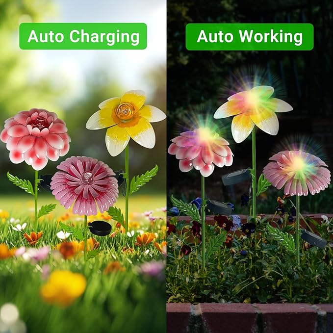 4Pcs 25" Solar Garden Decor for Outside, 3D Metal Flowers for Outside, Valentines Day Garden Stakes Decoration, Solar Lights Garden Decor, Yard Art for Lawn Patio Porch Gifts for Her