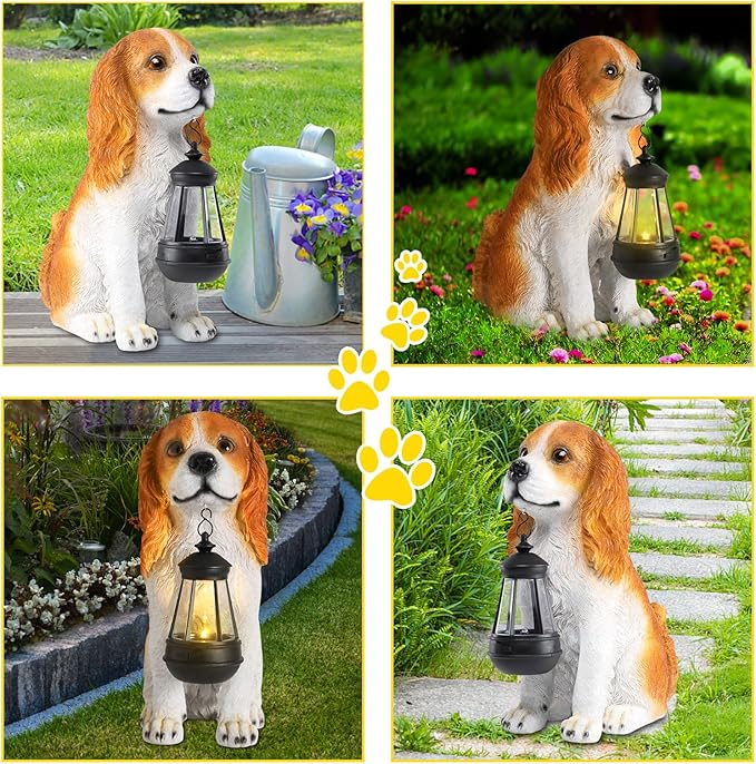 Afirst Dog Garden Statue - Outdoor Decor with Solar Lantern Lovely American Cocker Spaniel Figurine Patio Lawn Yard Art Ornaments Housewarming Gift