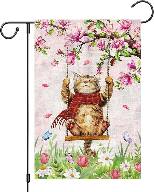 Heyfibro Spring Cute Cat Welcome Garden Flag 12x18 Inch Double Sided Burlap Butterfly Floral Yard Flag for Seasonal Holiday Farmhouse Outdoor Decor(ONLY FLAG)