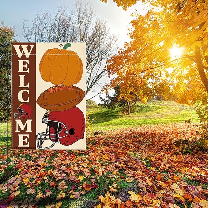 Fall Welcome Garden Flag Autumn Pumpkin Football Garden Flag 12x18 inch Double Sided Fall Thanksgiving Flags for Yard Outdoor Front Door (Flay 1803)