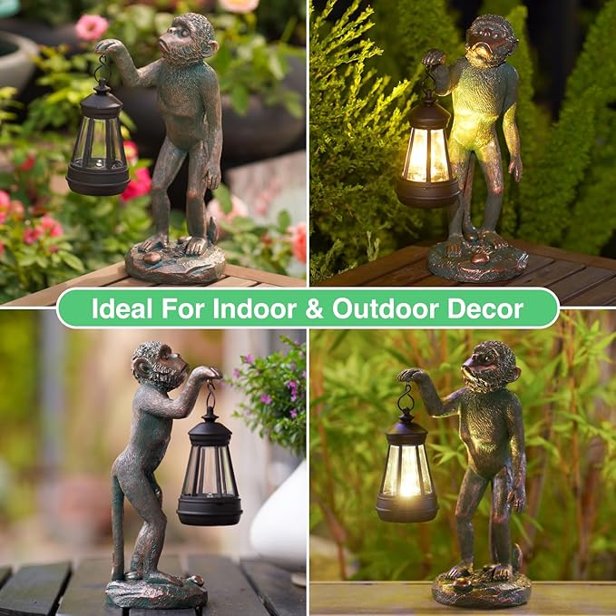 Garden Statue Monkey Figurine - Monkey Decor with Solar Powered Led Lights for Patio Lawn Balcony Yard - Ideal Gift for Women Moms Grandma Housewarming (Copper)