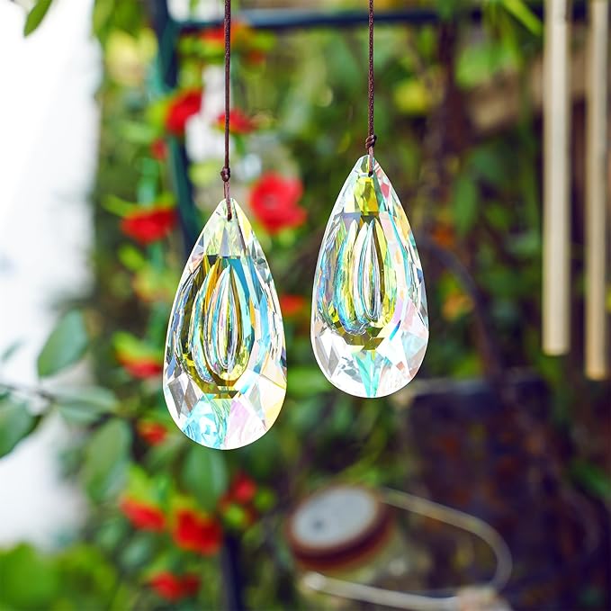HDCRYSTALGIFTS Set 2,89mm/3.5in Crystals Prisms Suncatcher for Window Hanging Indoor Chandelier Parts Rainbow Maker for Home Garden Decor (AB Colored)