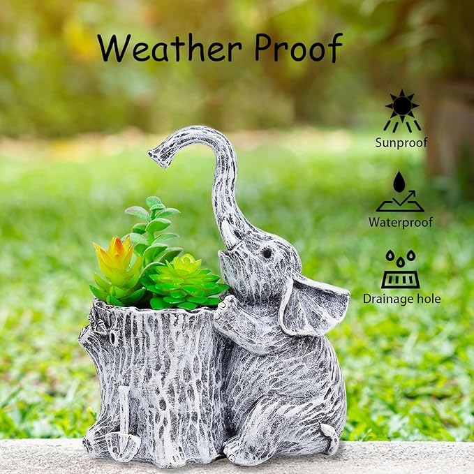 Elephant Gifts for Women Succulent Pots Indoor Elephant Planters for Plant Lovers Cute Outdoor Plant Pots Outdoor Garden Animal Decor Elephant Hug Stump Statue with Drainage Hole