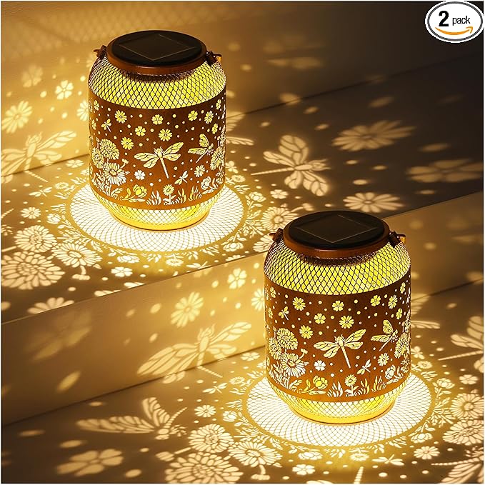 2 Pack Solar Lanterns Outdoor Waterproof Dragonfly Garden Decor Birthday Gifts for Women Mom Grandma Hanging Solar Lights Metal Decoration Outside for Yard, Patio, Backyard, Porch,Pathway