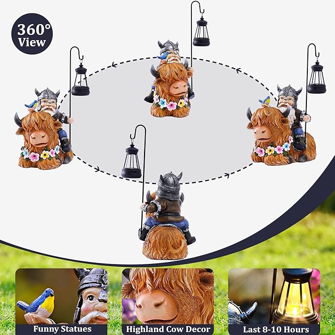 Garden Gnome Outdoor Statue 12 Inch Highland Cow Gnomes Decorations for Yard Patio Lawn Porch Birthday Gifts for Women Men, Mother’s Day, Housewarming with Solar Light Funny Decor for Outside