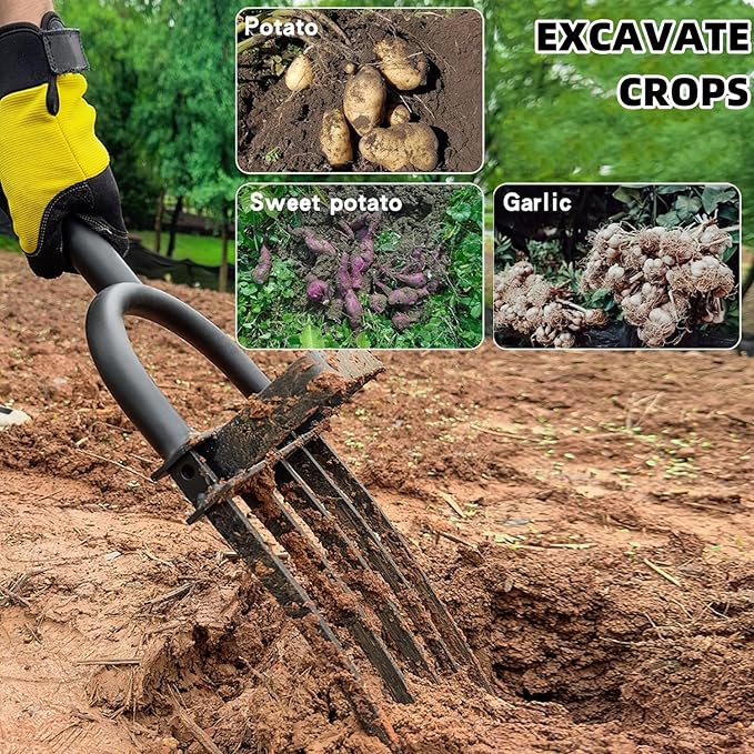 Garden Fork, Pitchforks for Digging Composting Spading, Long Hand Tiller & Cultivator - 5 Tine, 45 inches
