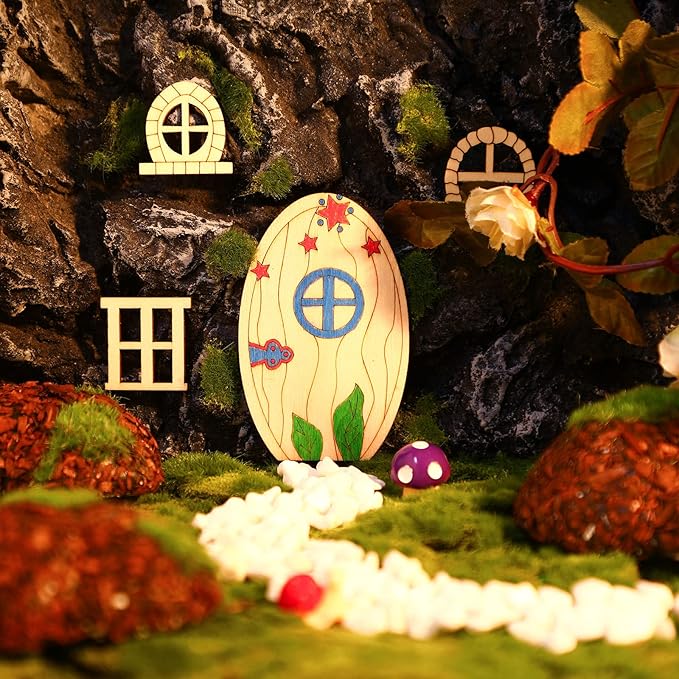 64 Pcs Fairy Door Mini Wooden Garden Doors Unfinished DIY Craft Fairy House Kit Unpainted Wood Miniature Door Blank Fairy House Doors and Windows for Home Office Wedding Party Decoration Accessories