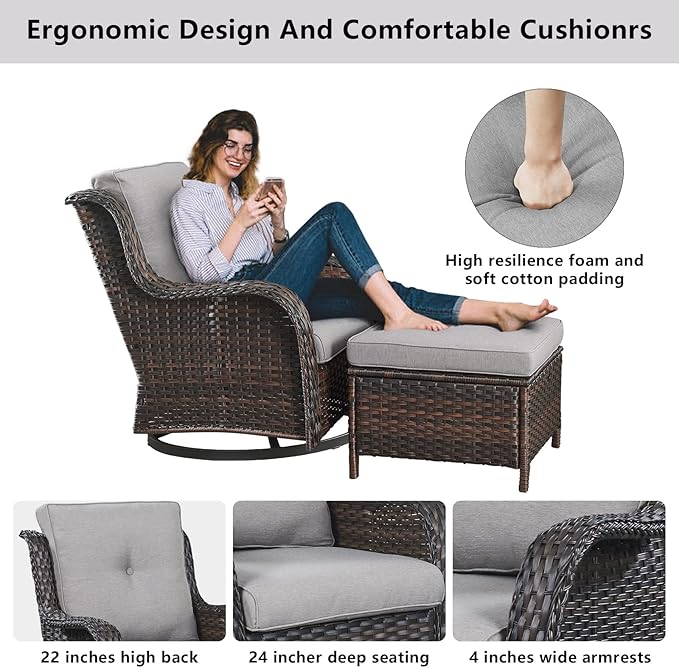 5 Pieces Patio Furniture Sets Wicker Outdoor Furniture, Rattan Patio Swivel Glider Chairs with 2 Ottoman and Glass Side Table