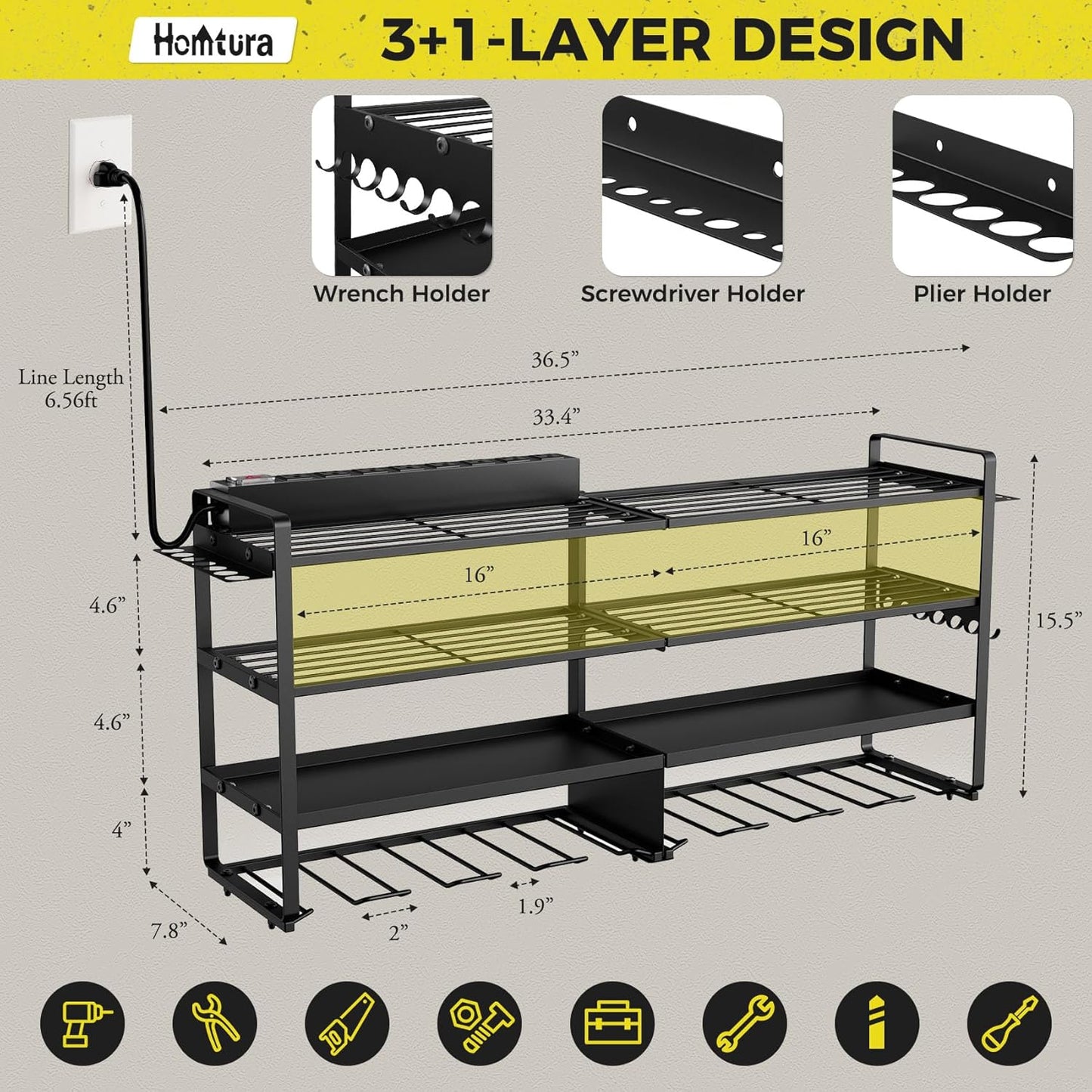 3 Pack Power Tool Organizer Wall Mount with Charging Station, 8 Outlet Power Strip & 4 Layers Storage Rack with 8 Drill Holders for Cordless Tools, Heavy Duty Utility Racks for Garage Workshop