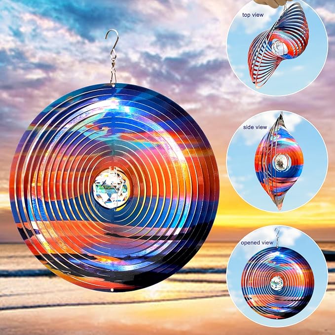 FONMY Mandala Wind Spinner w/Crystal Ball-Rosy Down 3D Stainless Steel Hanging Spinners Worth Gift Christmas Decoration Indoor/Outdoor Garden Décor Kinetic Yard Art 12 Inches Wind Sculpture