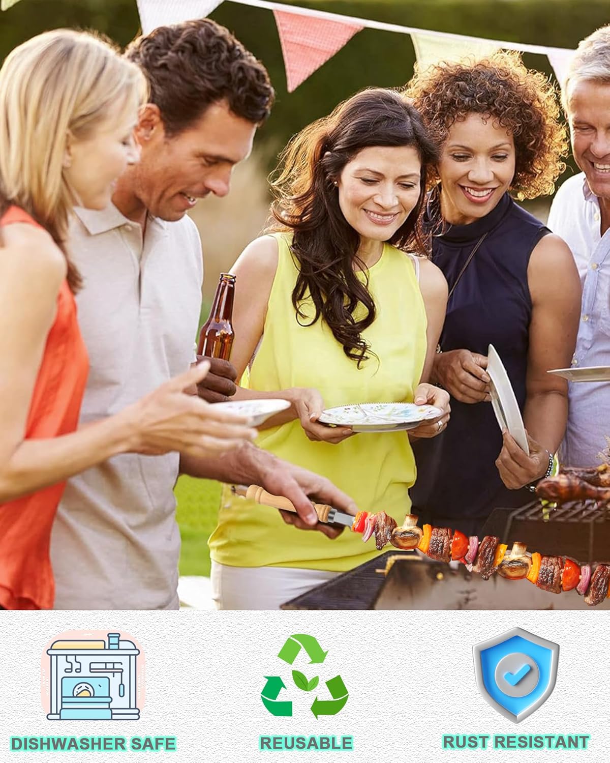 21.5" Long 304 Stainless Steel Skewers for Grilling with Wood Handle,Wide Flat Metal Skewers for Kabobs,Kabob Skewer,BBQ Barbecue Skewer Reusable for Outdoor Grill（6 PCS）