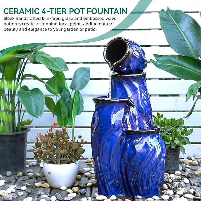 29" Tall Ceramic Water Fountain Outdoor with LED Lights, 4-Tier Cascading Waterfall Garden Fountain, Ideal for Serene Relaxing Patio, Yard or Porch, Cobalt Blue Glaze, Dynamic Wave-Texture