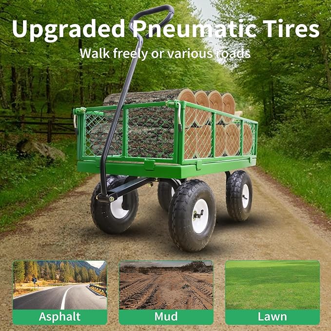 AAIN 600 lbs Metal Garden Cart,Heavy Duty Garden Wagon with Removable Steel Mesh Sides, Utility Yard Cart with 180° Rotating Handle and 10-inch Wheels—Perfect for Gardens, Farms, and Yards, Green