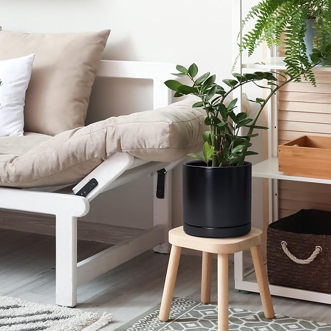 D'vine Dev 8 Inch & 10 Inch Ceramic Planter Pot for Plants with Drainage Hole and Saucer, Large Plant Pots Set, Black, 94-G-L-2