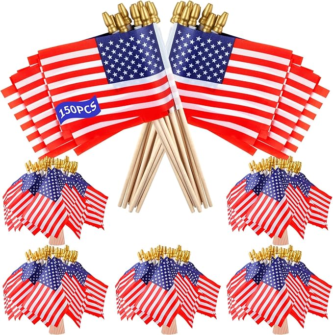 150pcs Small American Flags on Stick, Handheld 8 x 5.5 Inchs Mini American Flags with Kid-Safe Golden Spear Top, US Flags for 4th of July Decorations Outdoor, Independence Day Decorations