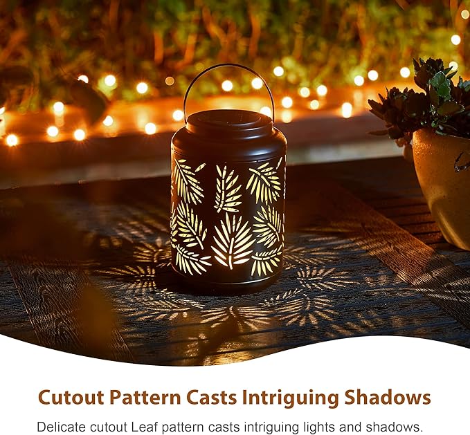 Glitzhome Solar Lantern Black Metal Cutout Leaf Outdoor Hanging Solar Light with Handle for Garden Patio Yard Outdoor Decor