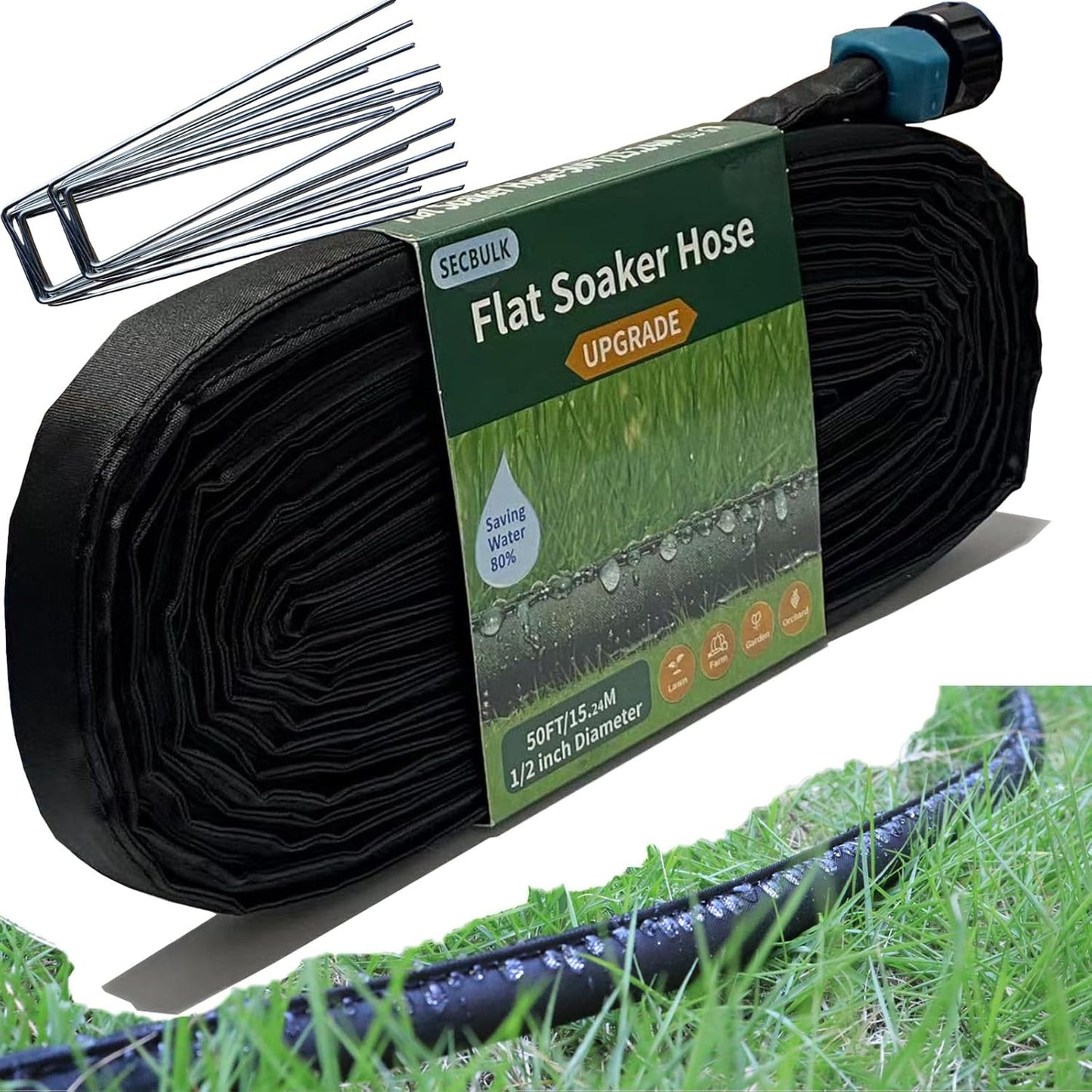 2025 Flat Soaker Hose 50 ft with Stakes for Garden, 50ft Linkable Drip Hose Diy Garden Irrigation System Saving 80% Water, Dual-layer Leak-free Design Water Hose with Holes