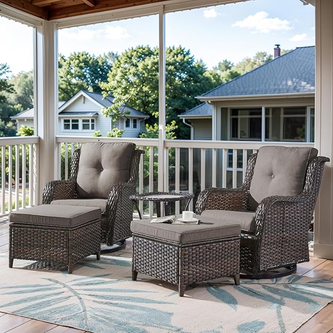 5 Pieces Patio Furniture Sets Wicker Outdoor Furniture, Rattan Patio Swivel Glider Chairs with 2 Ottoman and Glass Side Table